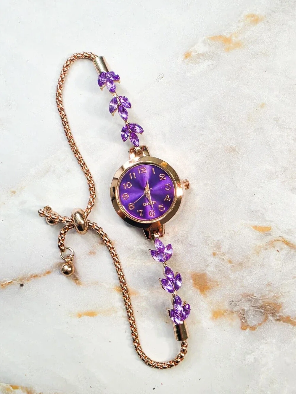 Elegant Purple Crystal Leaf Accent Watch Rose Gold Tone Adjustable Bolo Strap